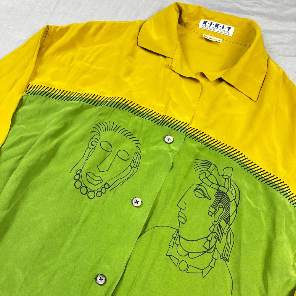 Kikit Maurice Sasson Silk Shirt Mens Medium Yellow Green Graphic Vintage 90s